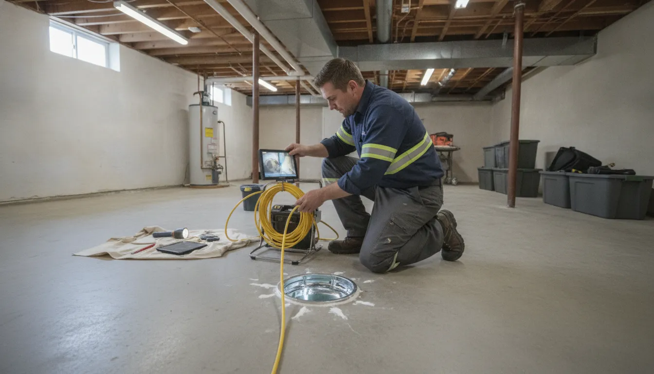 Plumber reviewing sewer camera inspection equipment during a sewer repair service visit