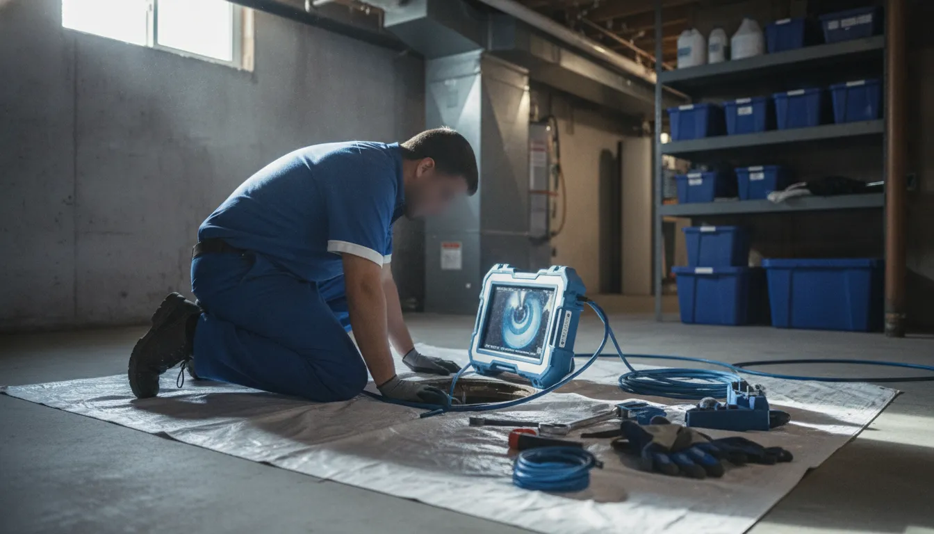 Plumber performing a sewer camera inspection in a Detroit-area basement