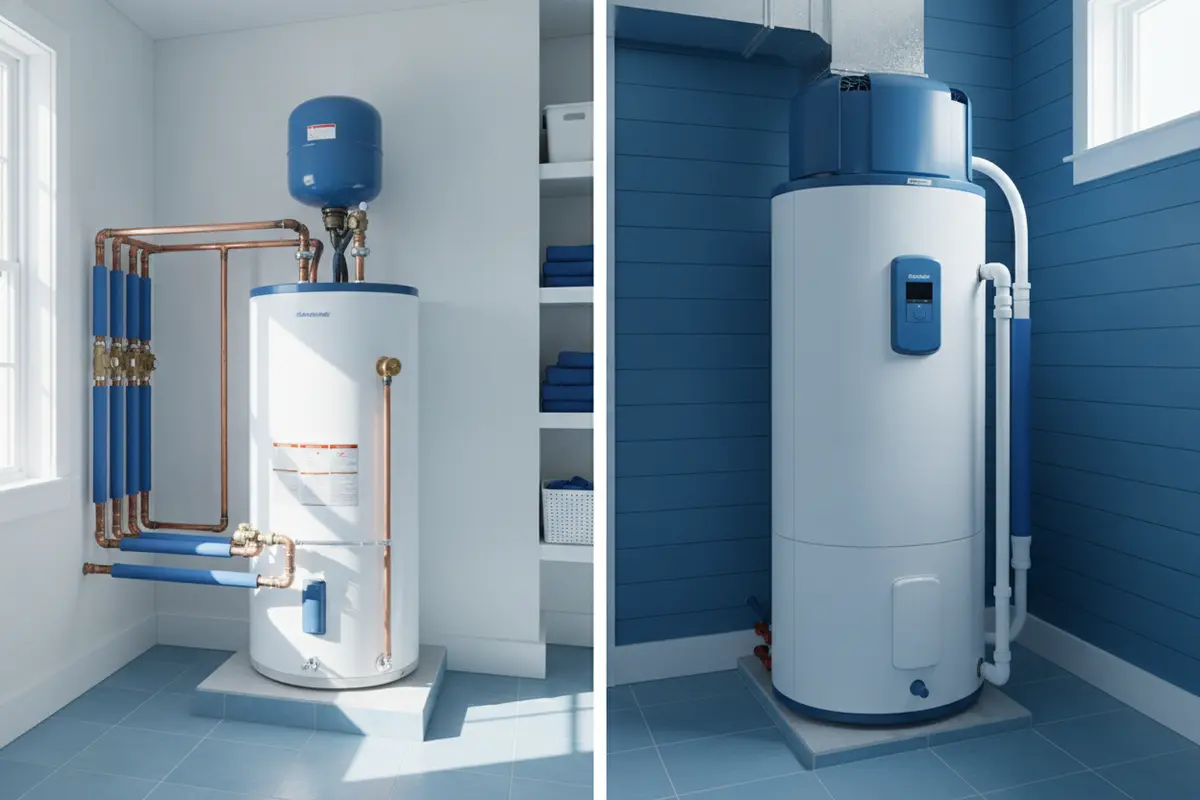 Storage and heat pump water heaters shown in residential utility spaces