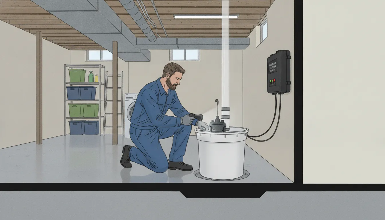 Professional inspecting a sump pump replacement and battery backup system