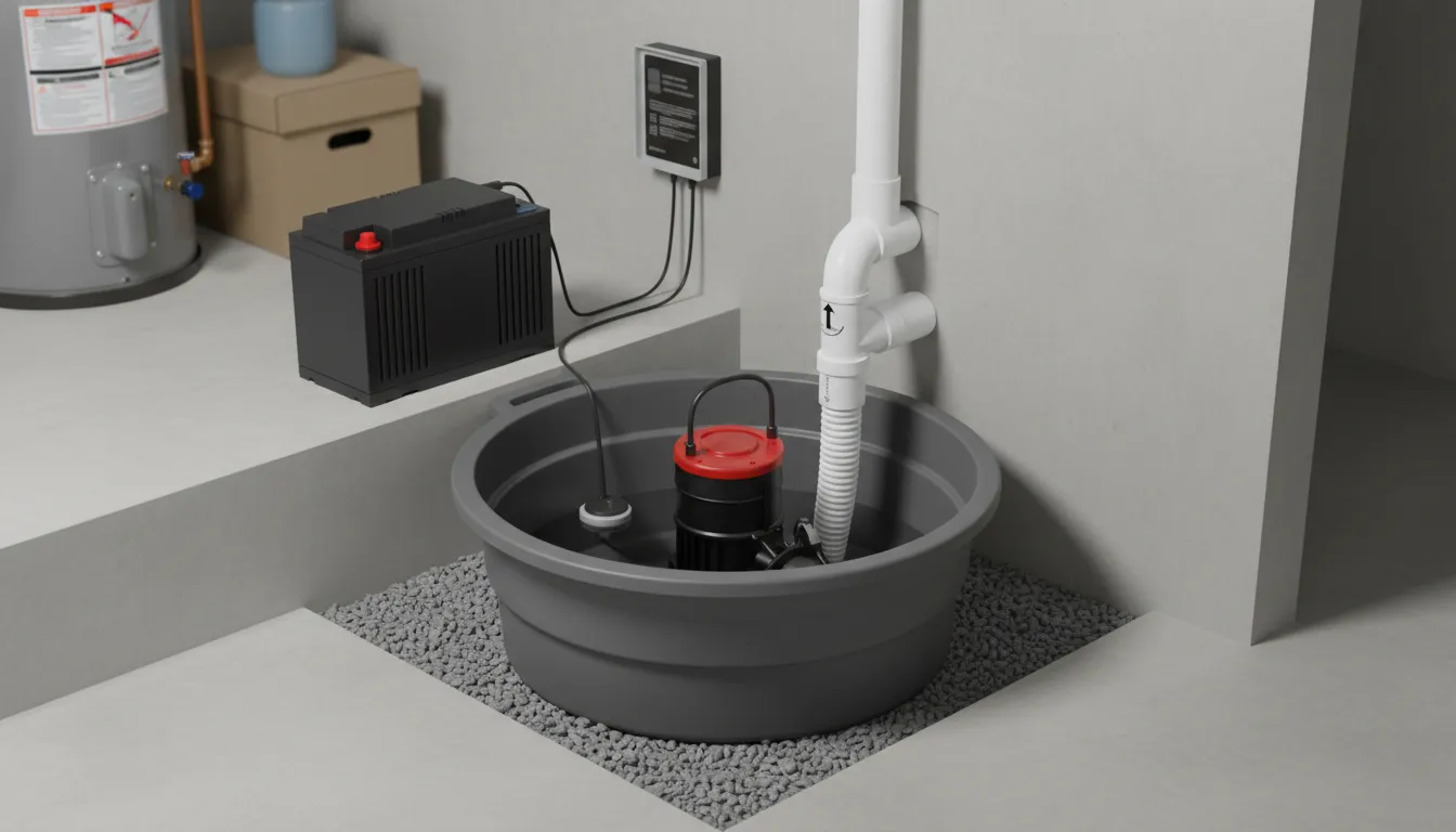 Professional basement sump pump installation with discharge pipe and battery backup