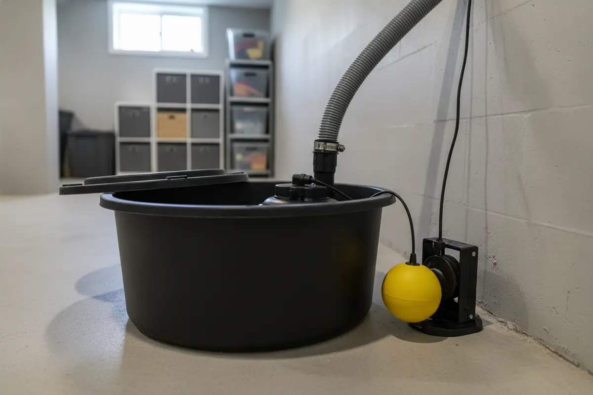 Sump pump basin and discharge line in a clean residential basement