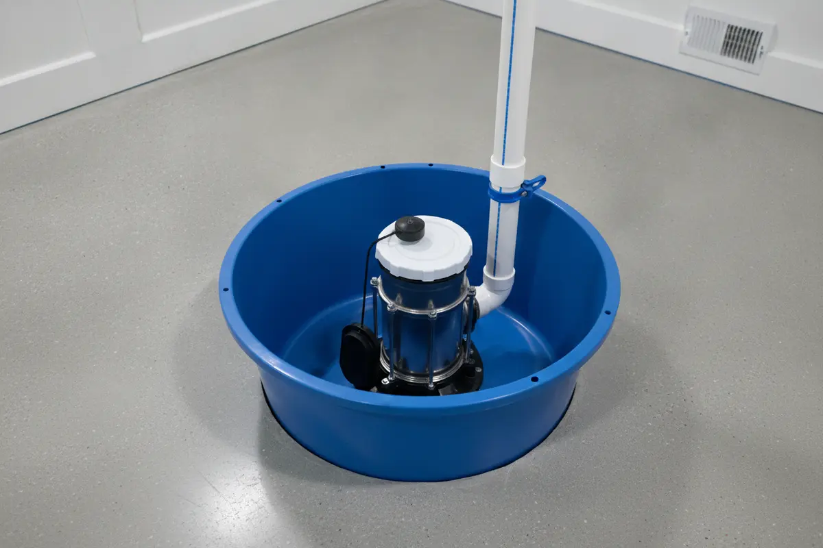 Sump pump, float switch, basin, and discharge line shown in a residential basement