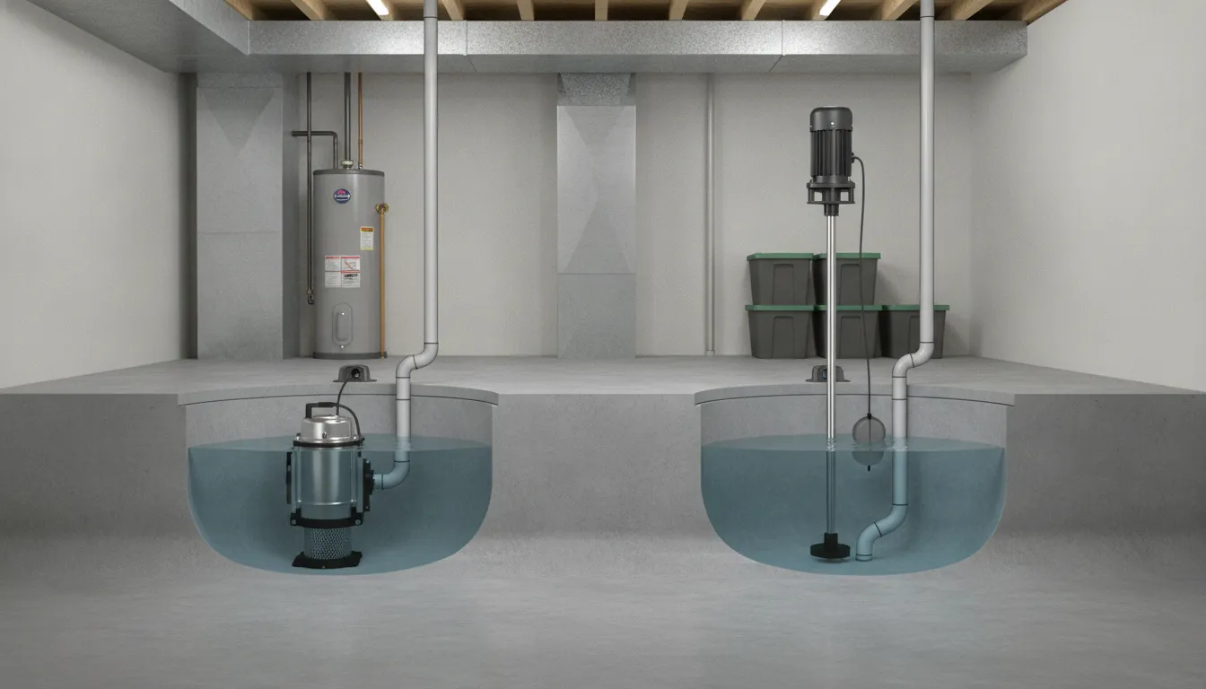 Submersible and pedestal sump pump types compared in a basement