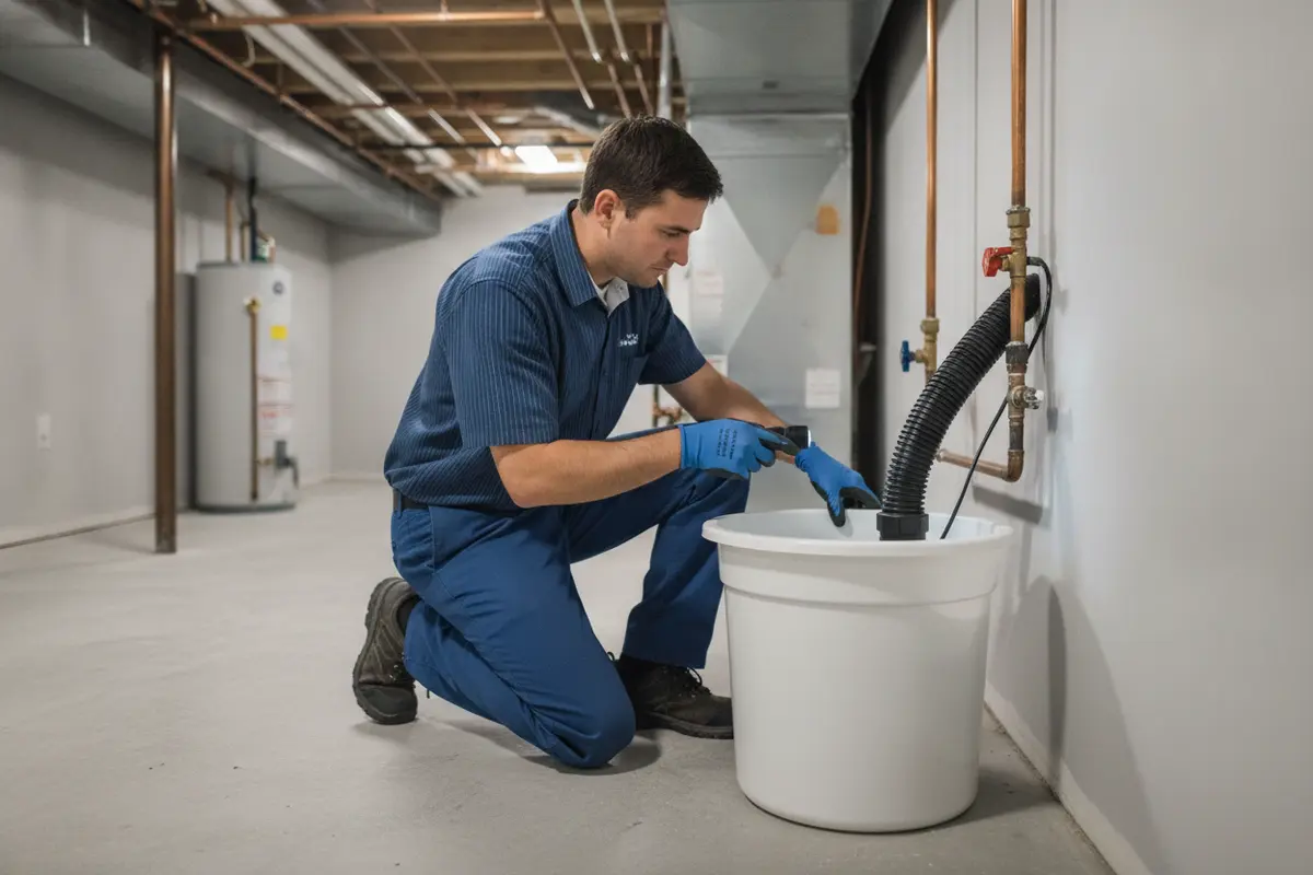 Technician inspecting sump pump components in a Rochester Hills basement