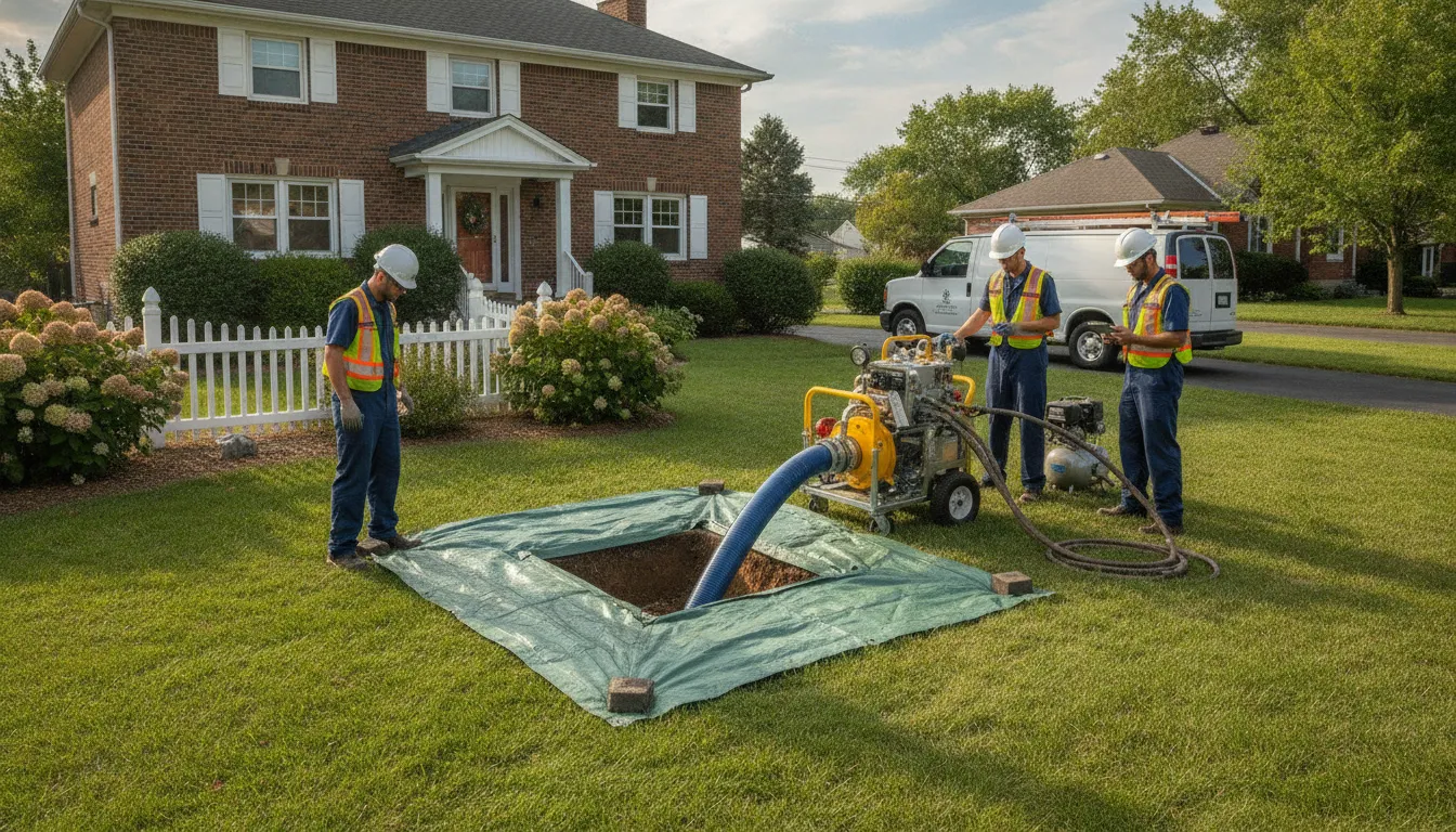 Trenchless sewer repair service equipment working in a Metro Detroit residential yard