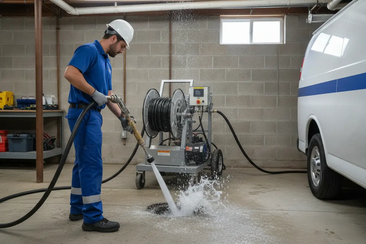 Uniformed plumber performing professional drain jetting at a residential property