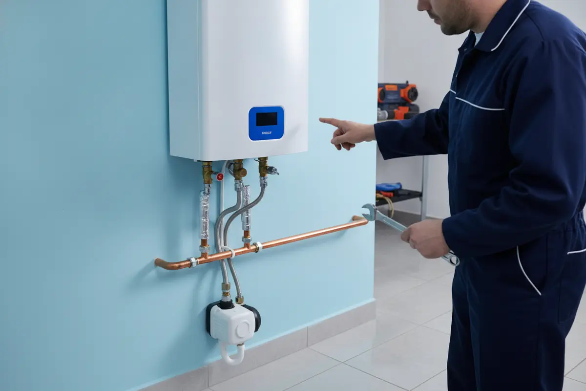 Wall-mounted tankless water heater in a clean home utility area
