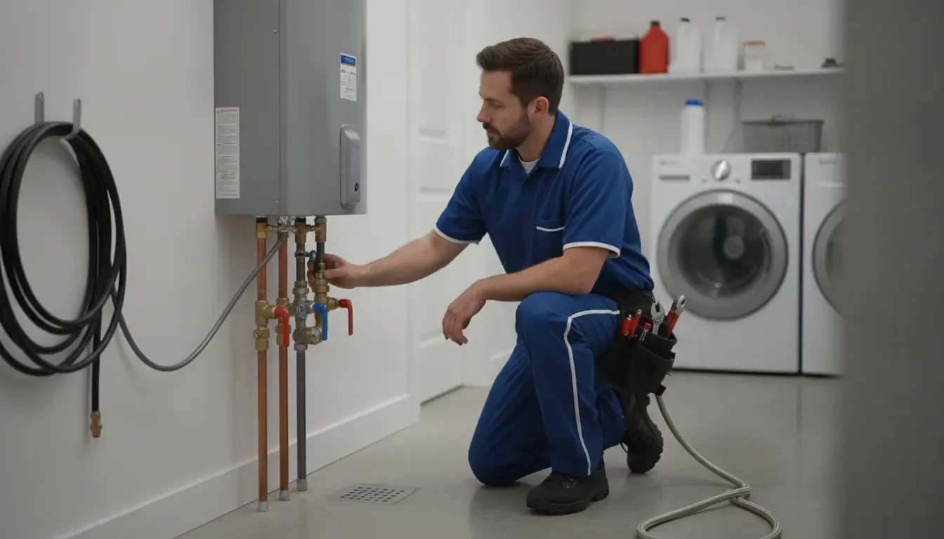 Mr. Pipey plumber inspecting tankless water heater isolation valves in Warren