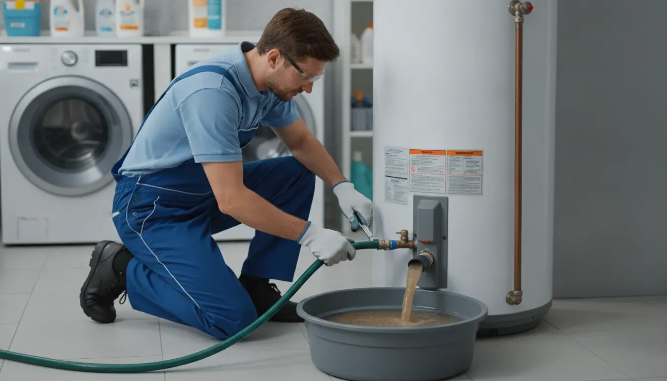 Professional plumber controlling sediment discharge during a Warren water heater flush