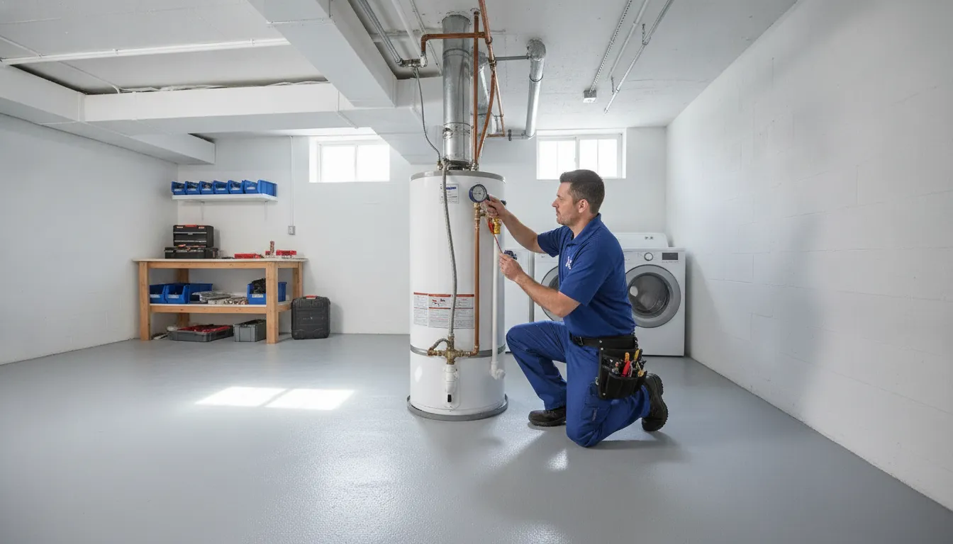 Licensed plumber inspecting connections during water heater repair