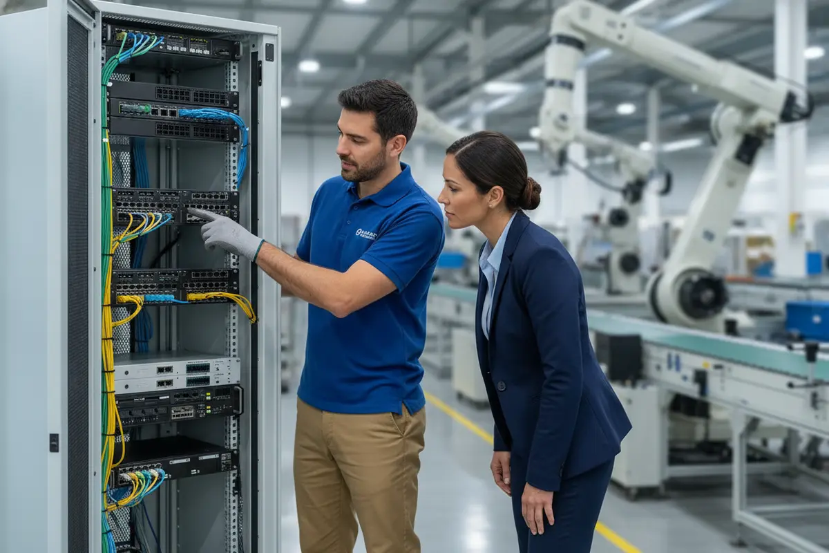 A technician and operations manager inspect network equipment in a manufacturing plant