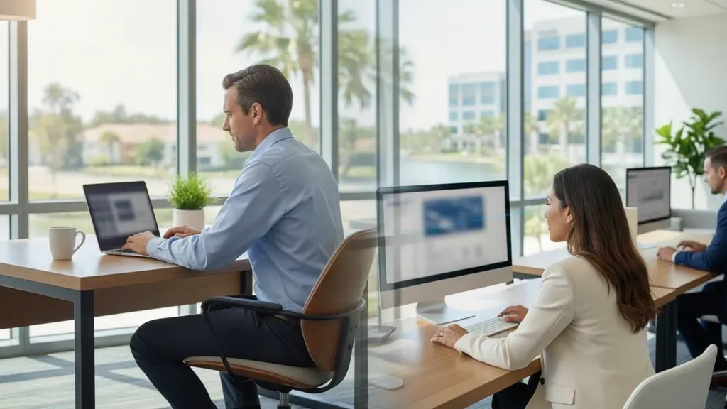 Employees accessing a shared business workspace from different locations