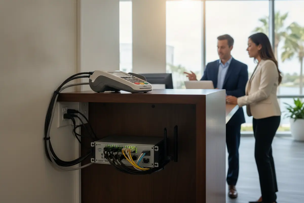 Diagram-style view of a small business payment terminal connected to a segmented network