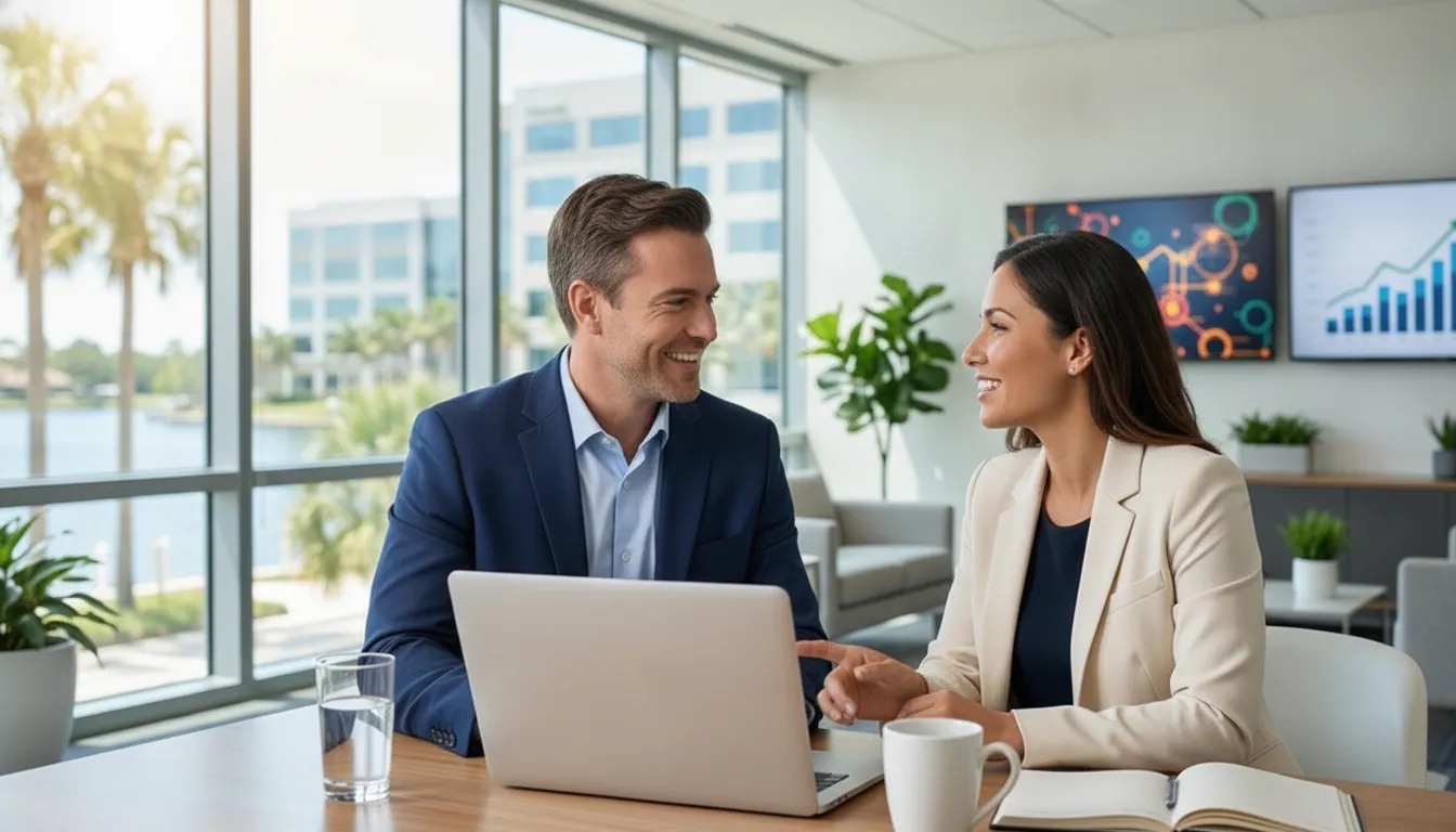 Business team member receiving helpful IT support at a workstation