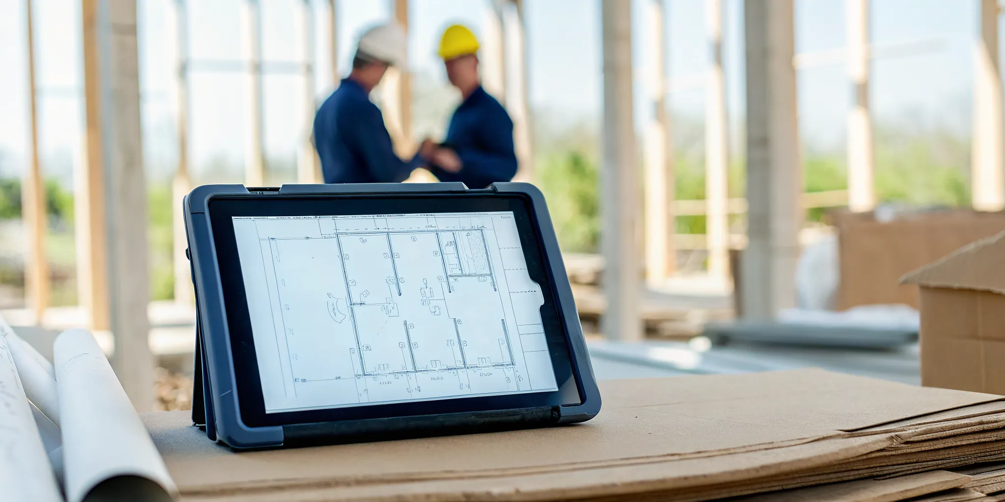Ruggedized tablet showing blueprints at a Florida construction job site with workers and sunny sky