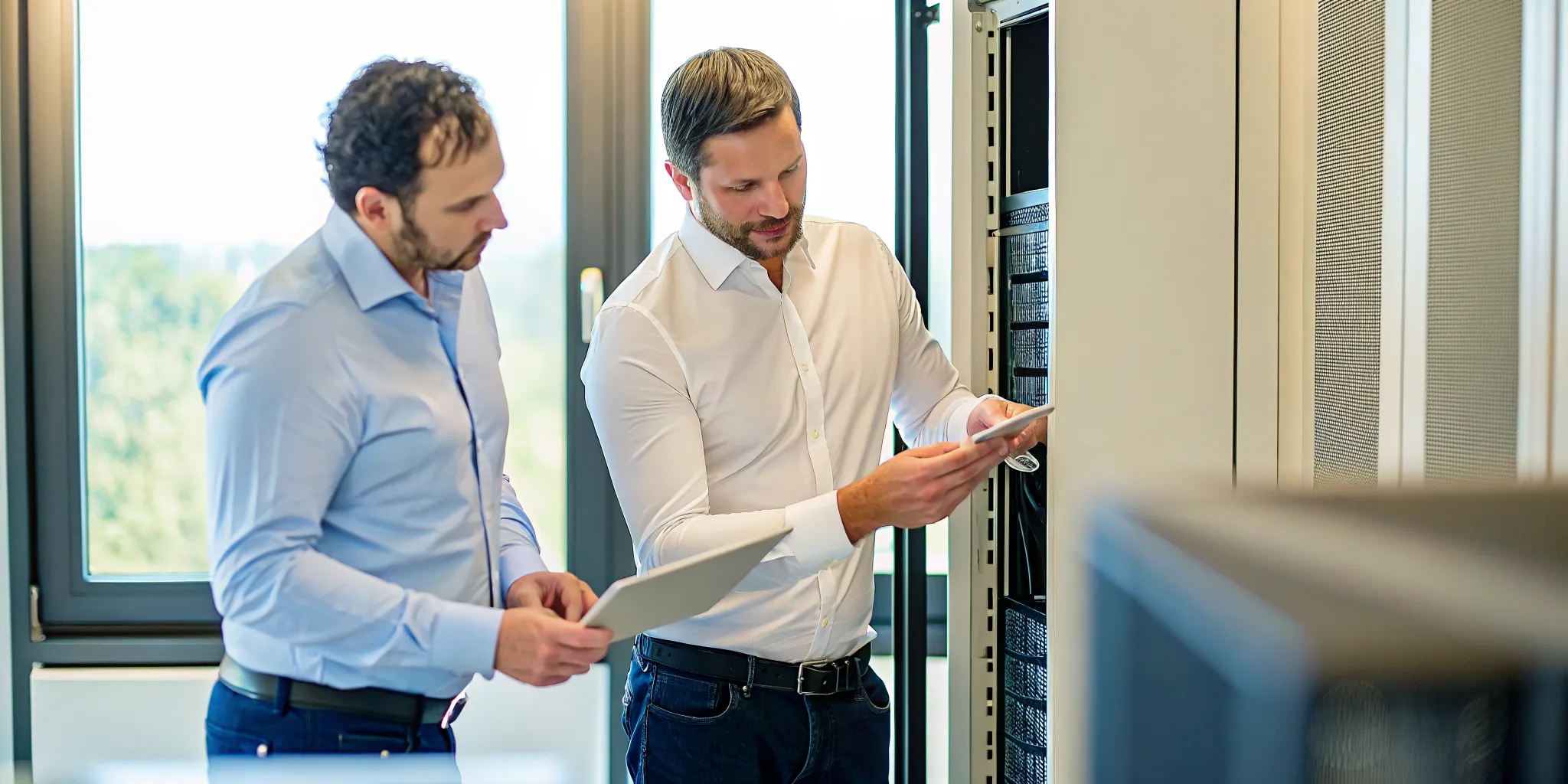 Two IT professionals collaborating in a modern Tampa office server room