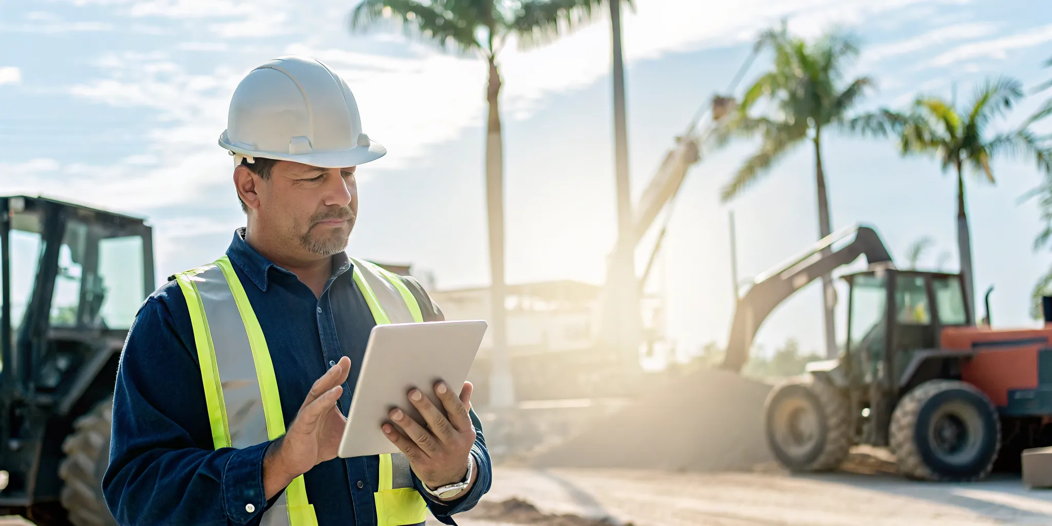 Construction worker using a tablet at a Florida job site with heavy equipment in the background