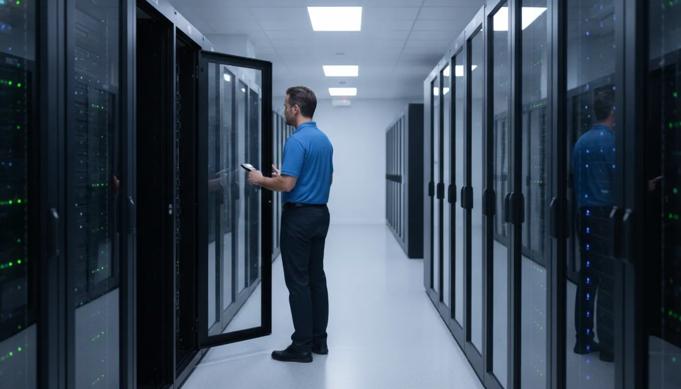 Managed IT technician monitoring server racks in a data center to prevent emergencies