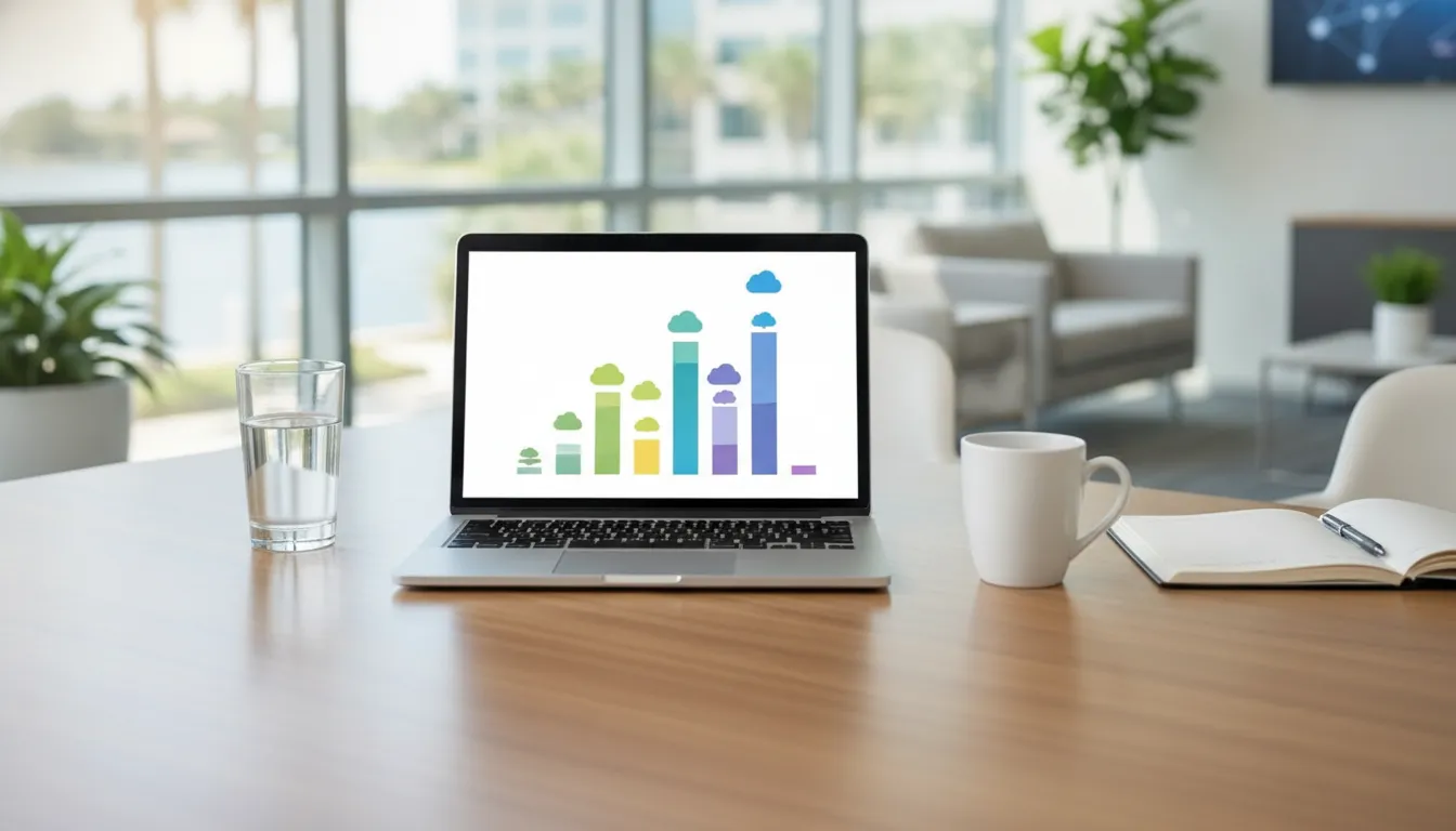 Laptop on a conference table showing an abstract cloud usage view with no readable text
