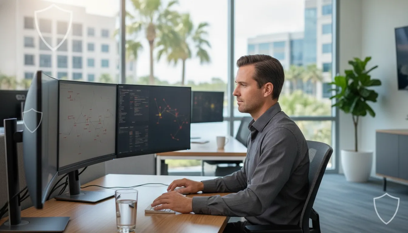 IT professional monitoring security alerts across multiple screens in a managed services office