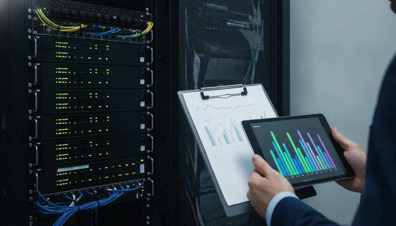 IT lead compares a server rack with a tablet of usage charts and a cost worksheet