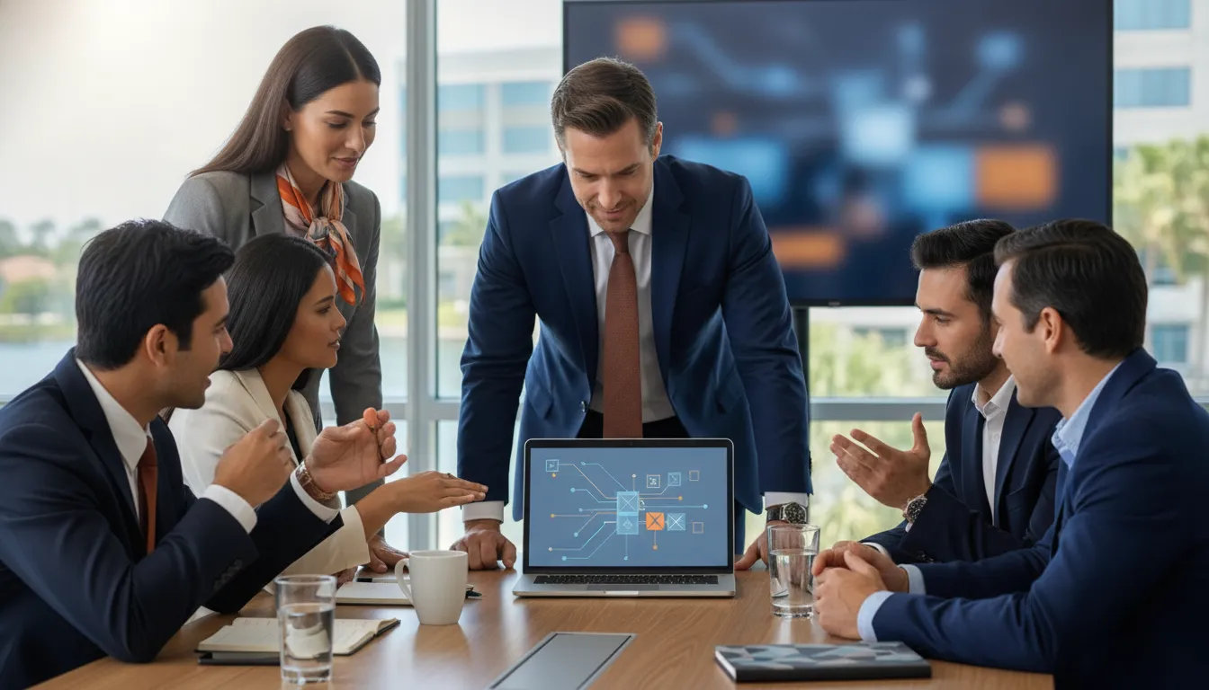 Business team reviewing a unified Microsoft 365 security and device management plan with an IT advisor