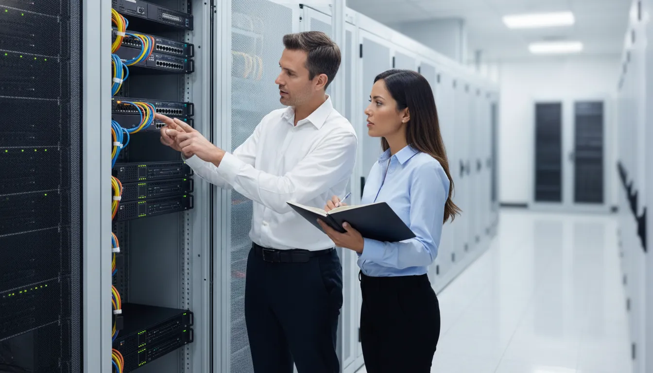 IT technicians reviewing a server rack and network switches during an infrastructure audit
