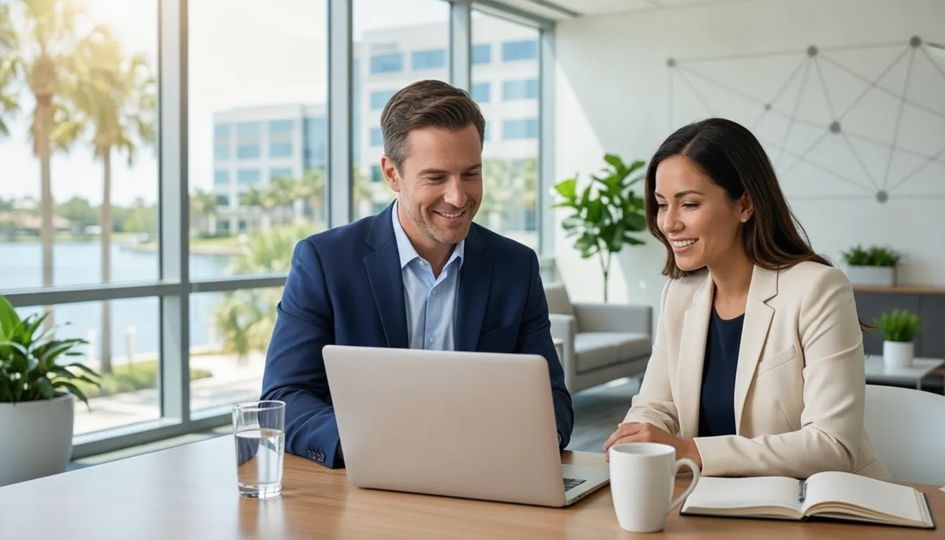IT consultant explaining a managed services plan to business owners at a conference table