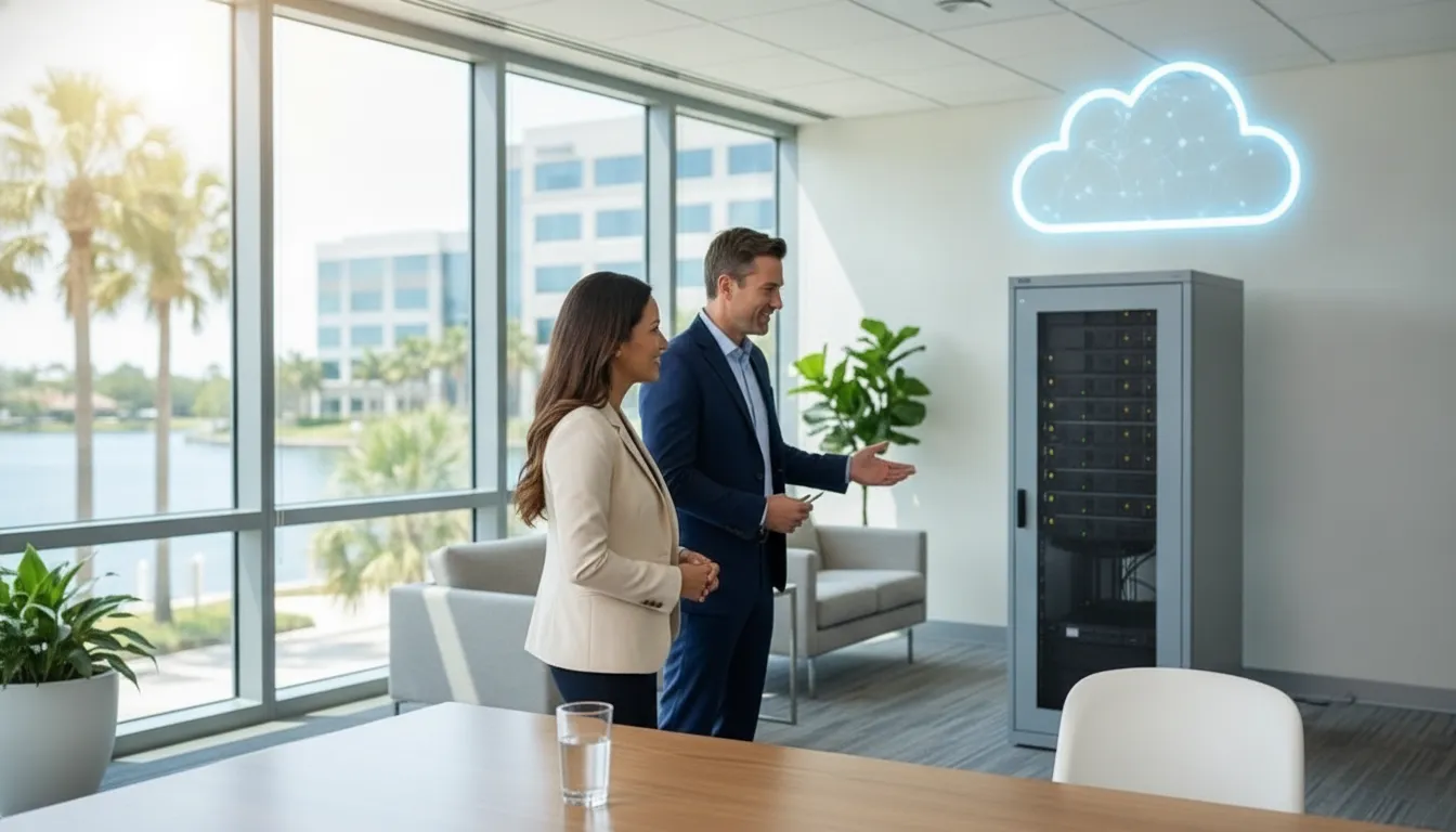 IT consultant explaining layered cloud and local backup protection to a Tampa business owner