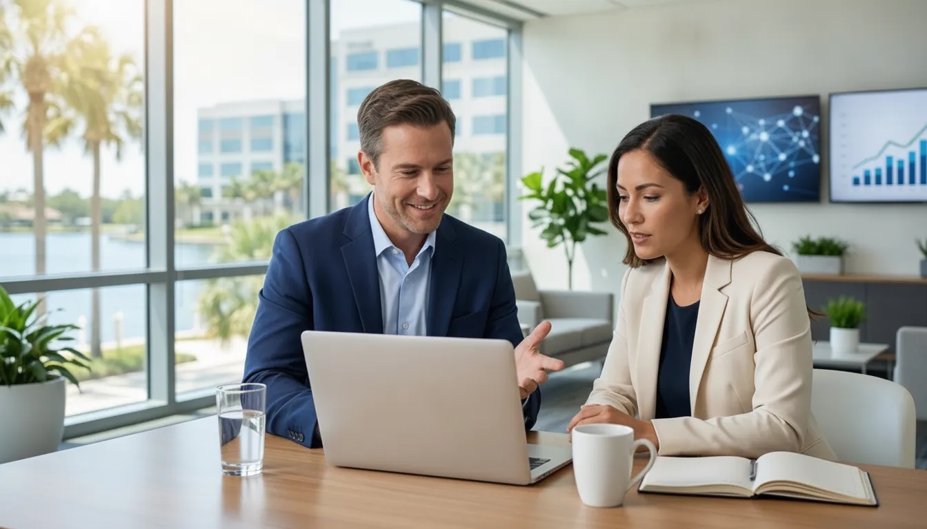 Small business IT professional reviewing account access with a business colleague