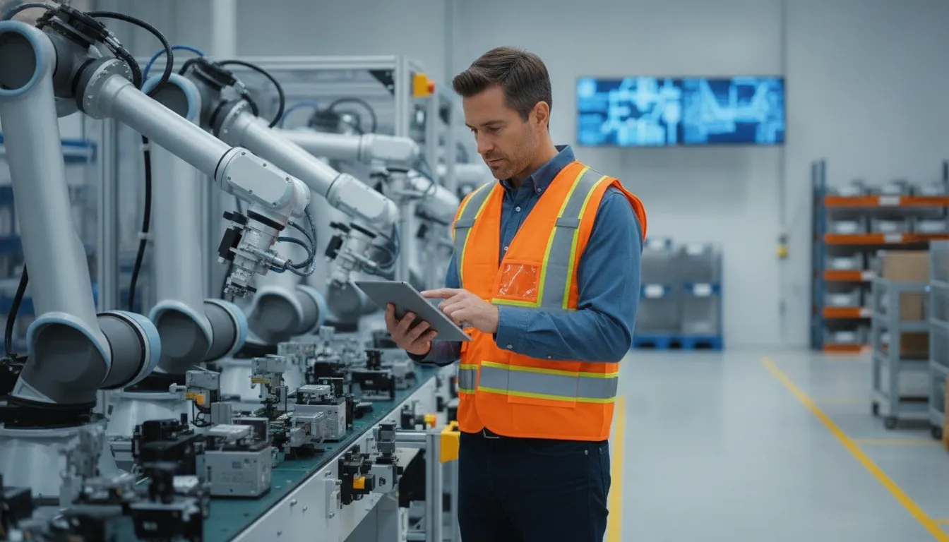 Manufacturing engineer monitoring robotic assembly equipment on a plant floor