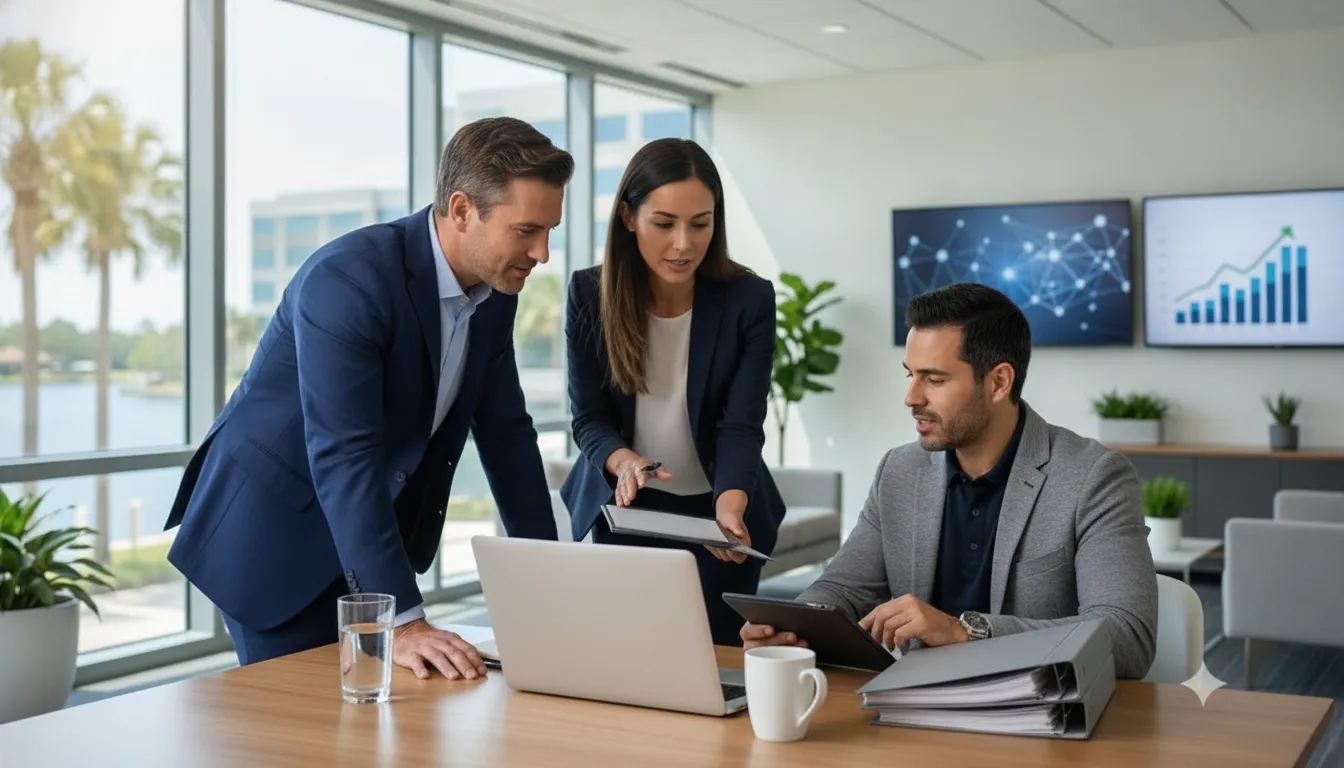 Law firm team reviewing Microsoft 365 security and device management with an IT professional