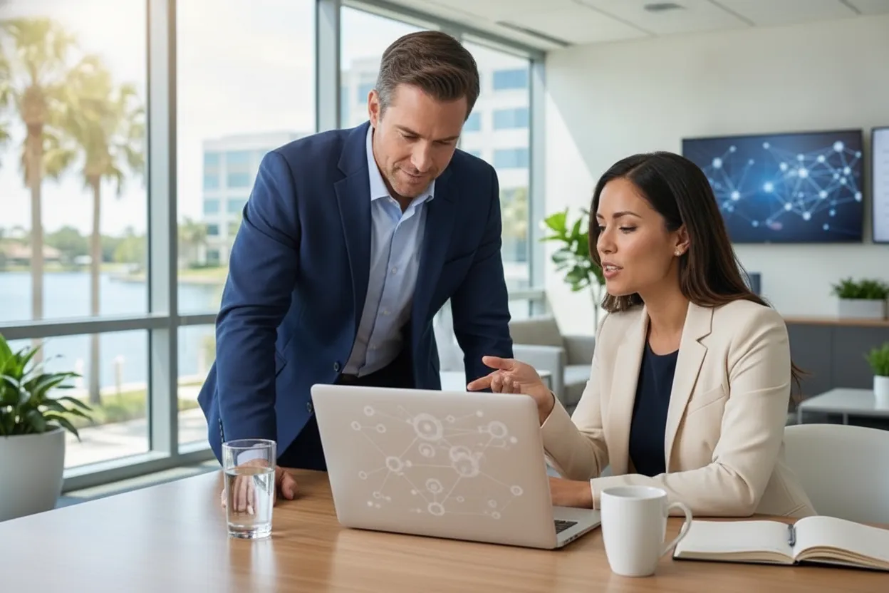 Business owner and IT advisor discussing support needs in an office
