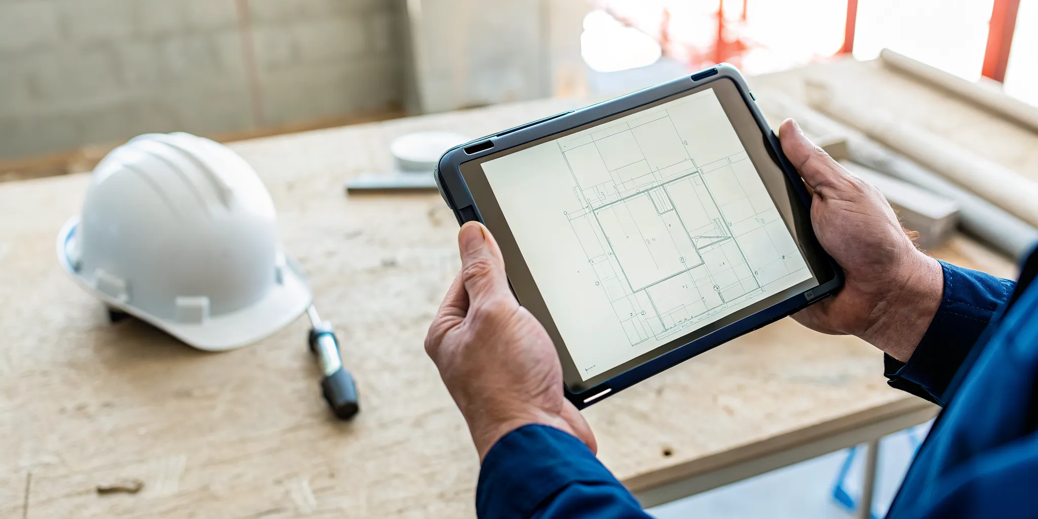 Construction worker at a Tampa job site viewing CAD blueprints on a rugged tablet with hard hat visible in background