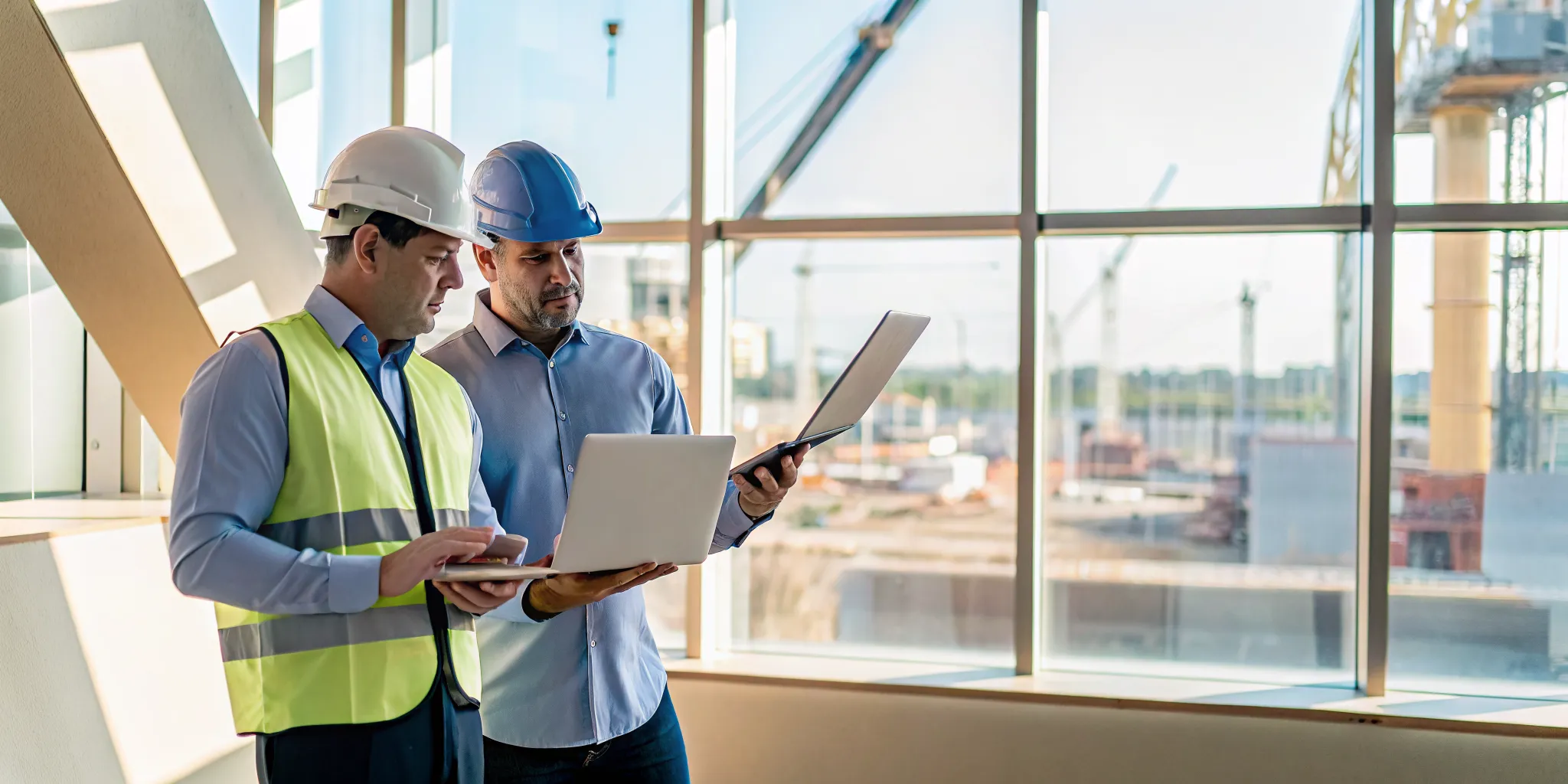 Construction manager and site foreman using tablets at a Tampa job site to review digital blueprints and project data