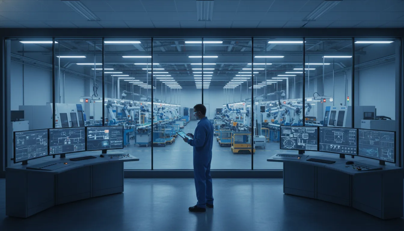 Technician monitoring production network and ERP reliability in a manufacturing control room