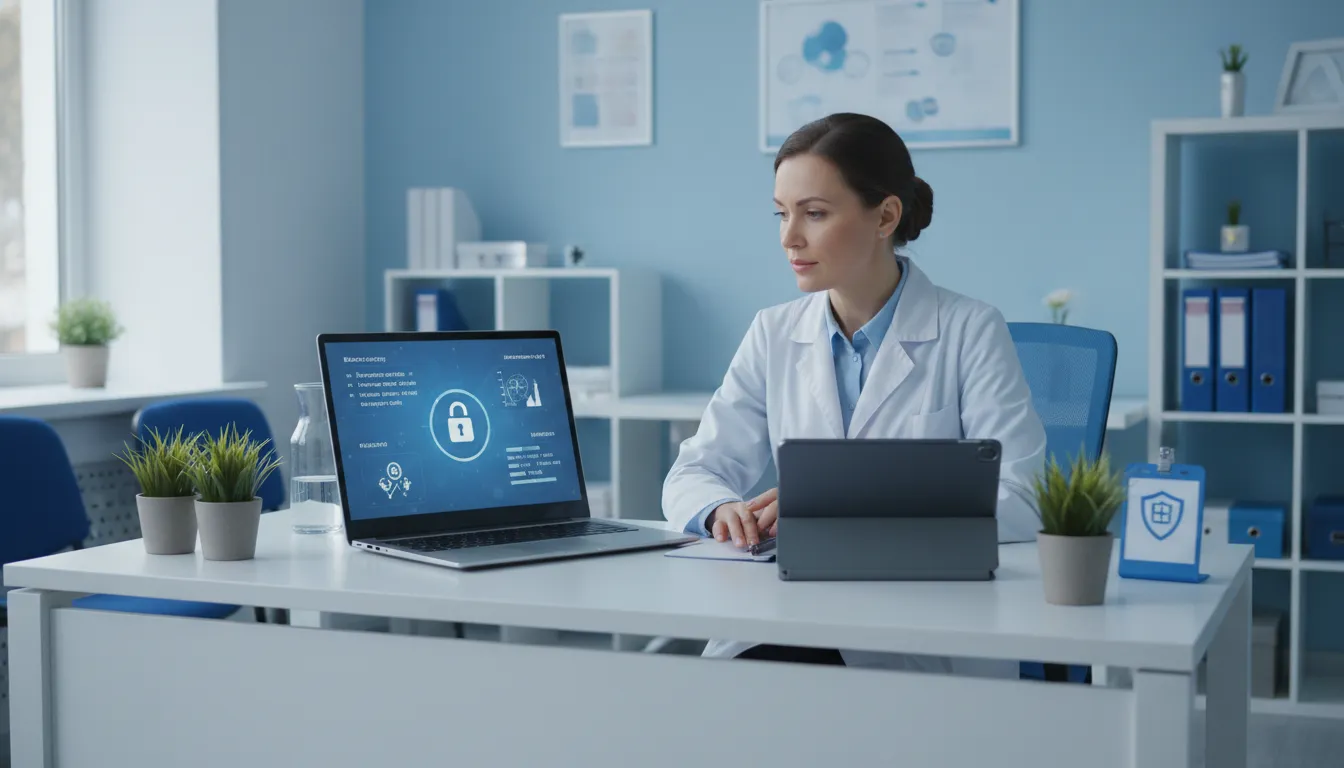 Administrator checking device access and backup controls for a HIPAA IT compliance checklist