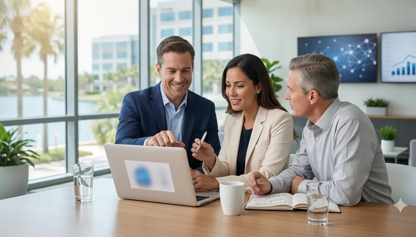Small business team comparing Microsoft 365 plan options around a conference table