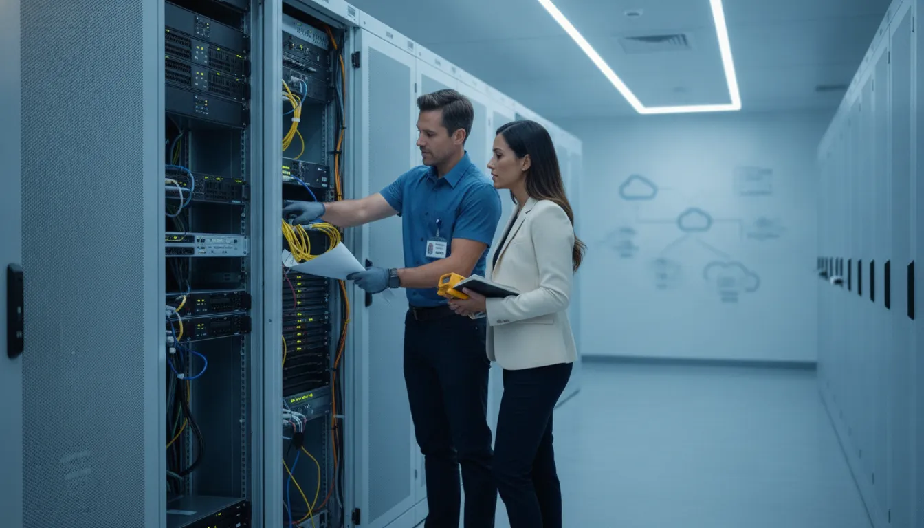IT technician and business leader reviewing network and cloud infrastructure planning