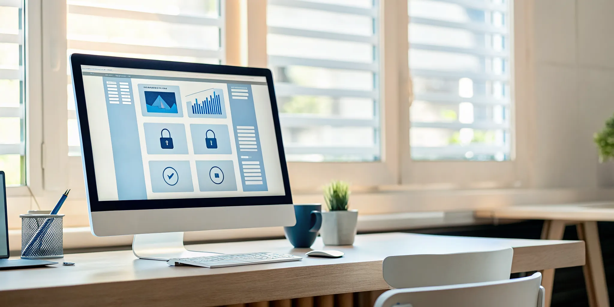 Cybersecurity monitoring dashboard on a computer screen in a modern office