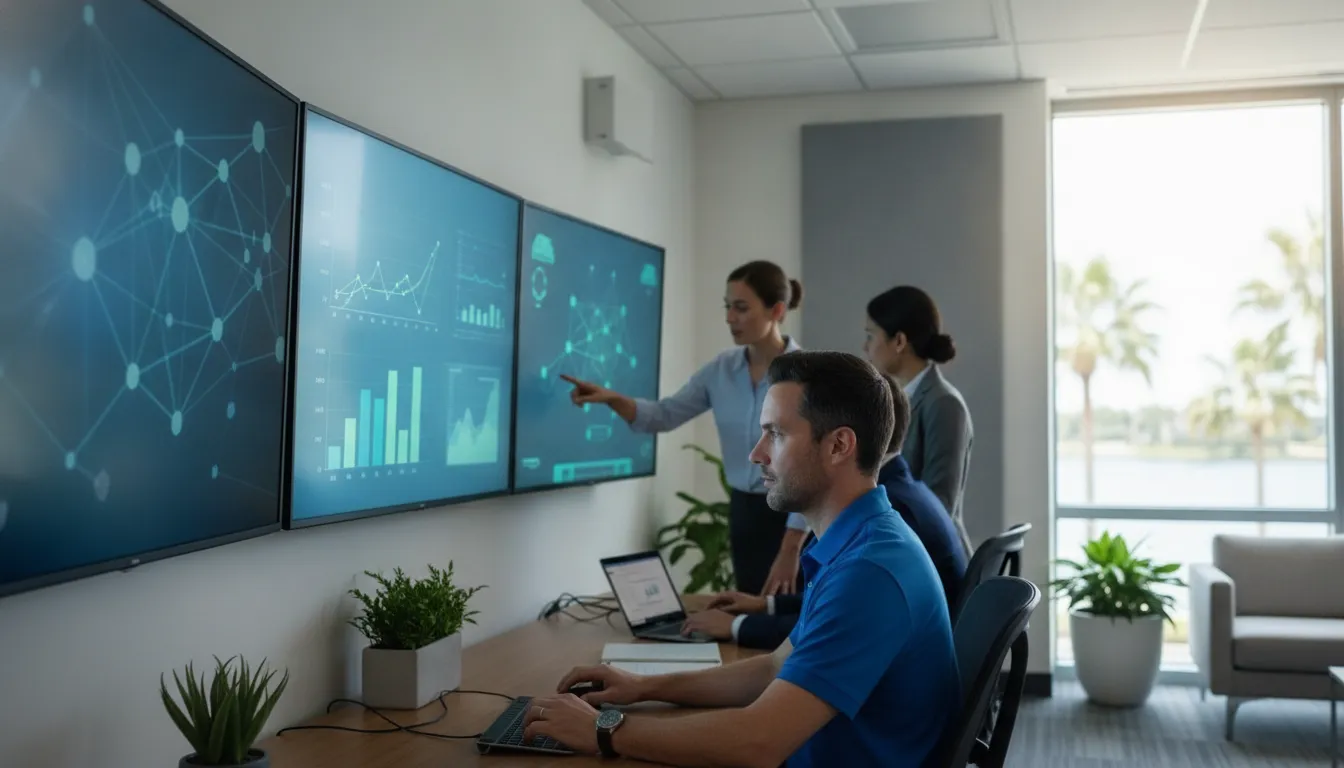 Technicians monitoring a business network security operations center