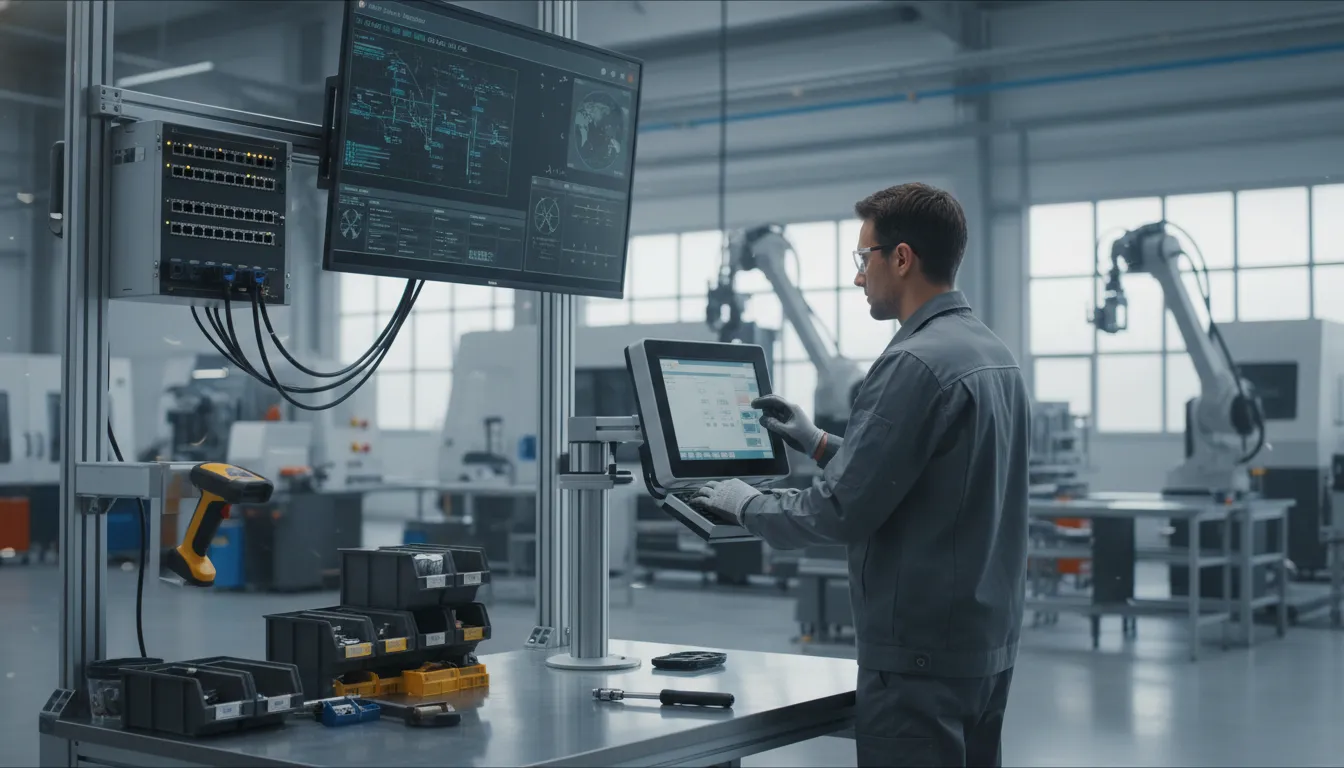 Technician reviewing cybersecurity monitoring for manufacturing workstations and network devices