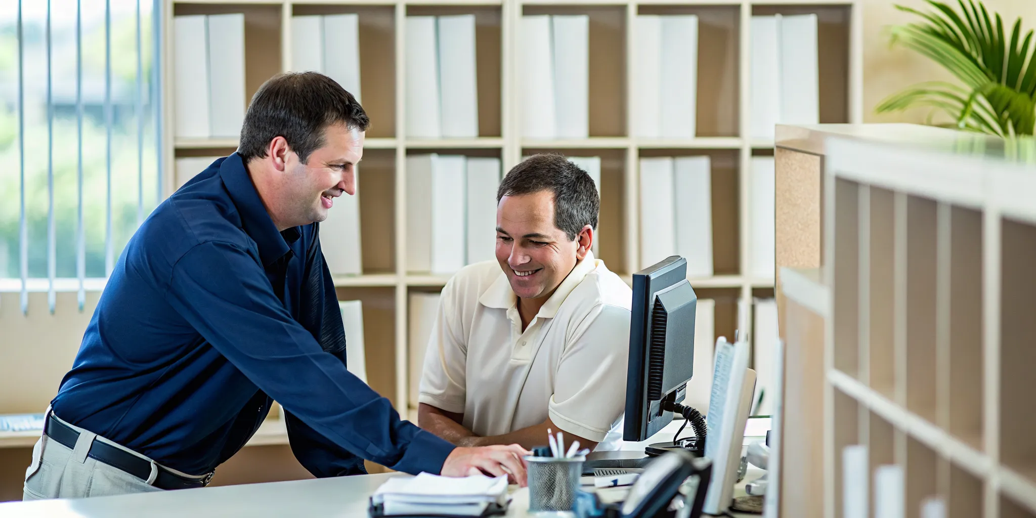 IT technician assisting a small business employee at a desk in a Wesley Chapel office
