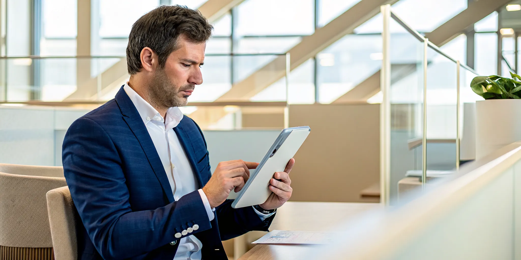 Tampa IT consultant evaluating a cybersecurity risk assessment checklist on a tablet