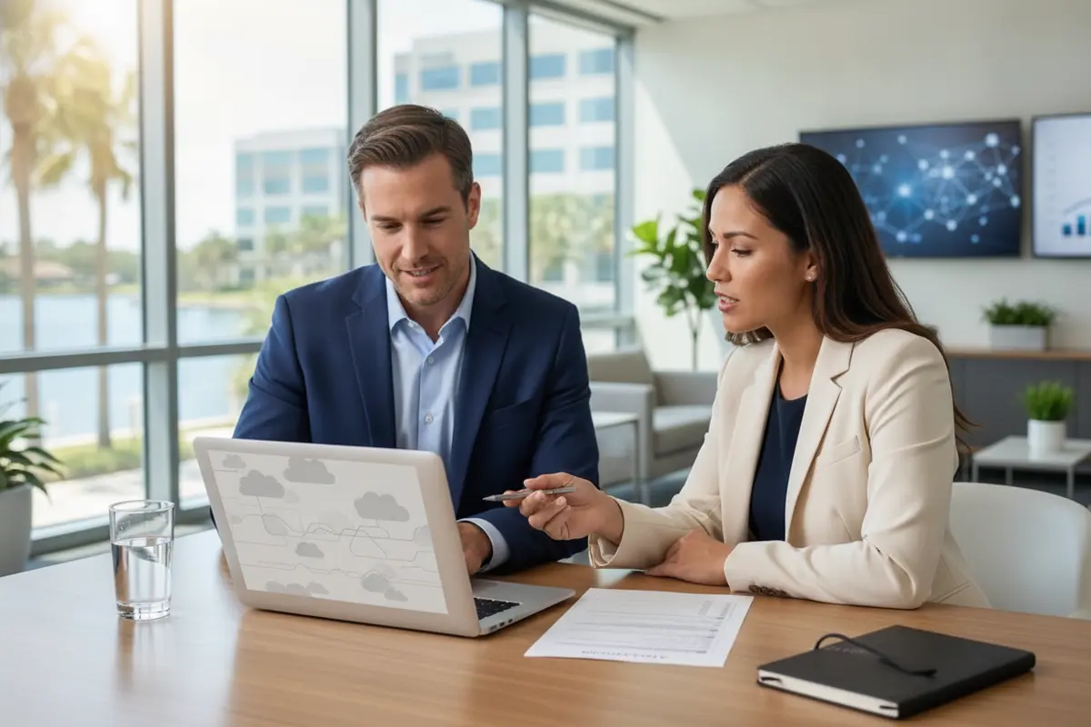 IT and business leads reviewing a checklist of Microsoft 365 users, files, and services