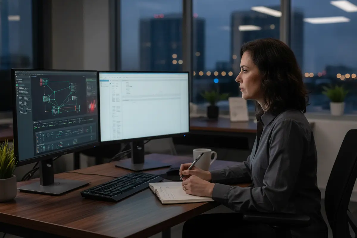 IT professional reviewing a network alert and documenting follow-up steps