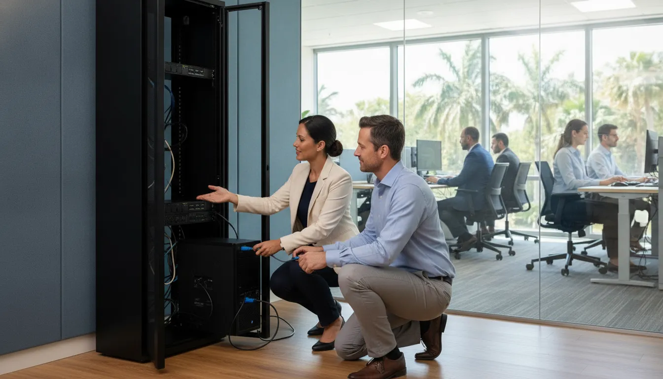 IT consultant and business technology lead coordinating a careful IT service handoff