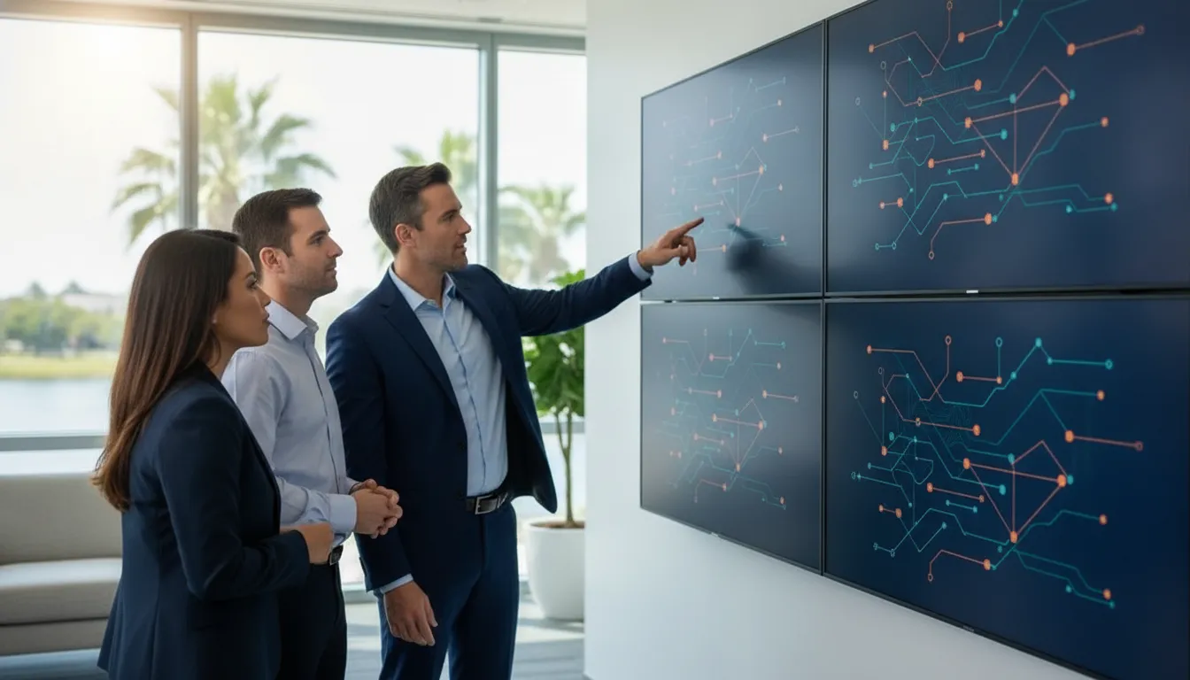 Cybersecurity consultant and business leaders reviewing a six-part risk management cycle