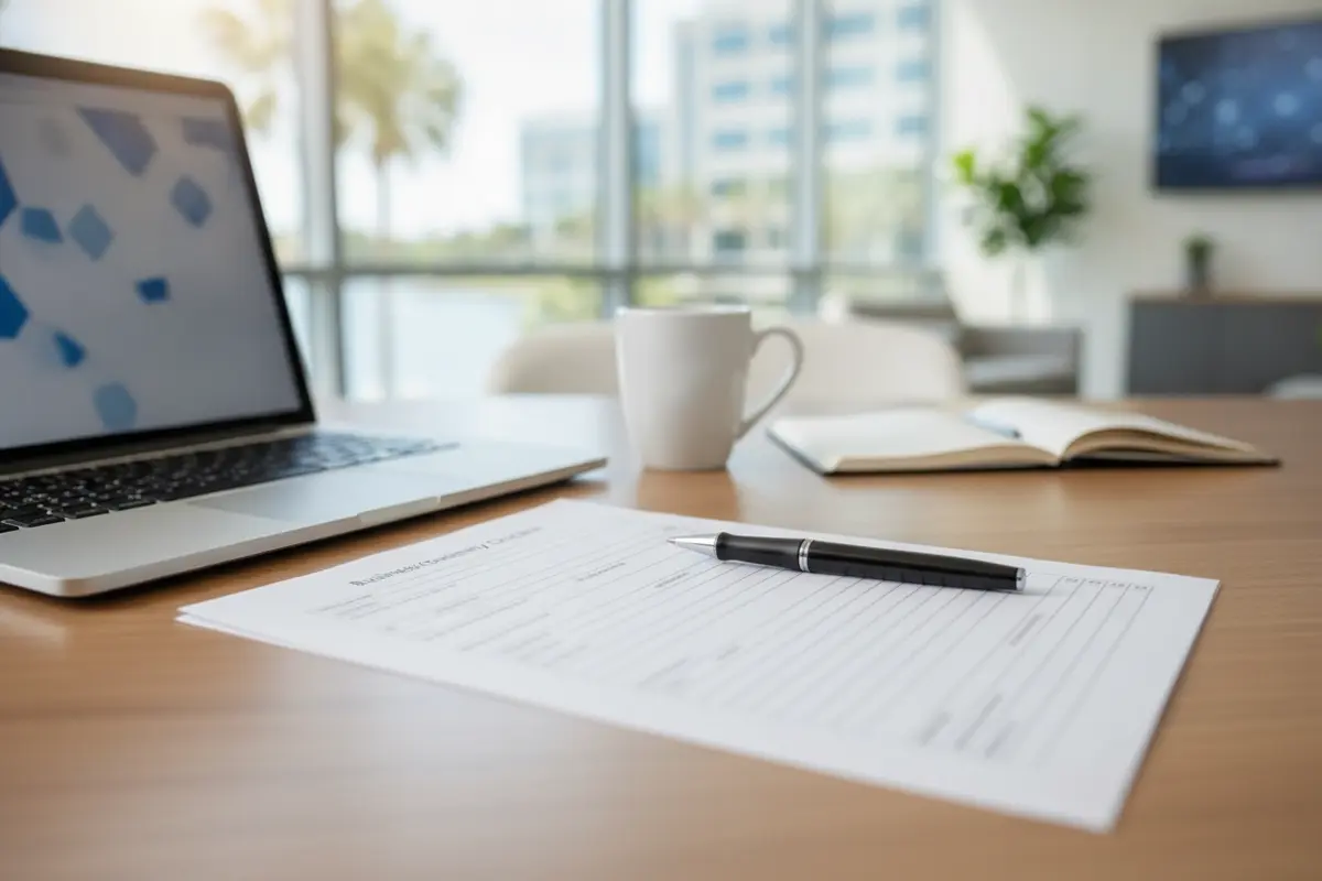 Printed business continuity checklist with communication and recovery tasks beside a laptop